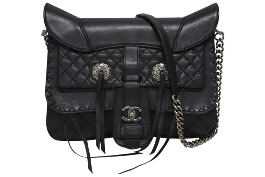 Chanel Paris Dallas Fringe Flap Saddle Bag Quilted Calfskin Black