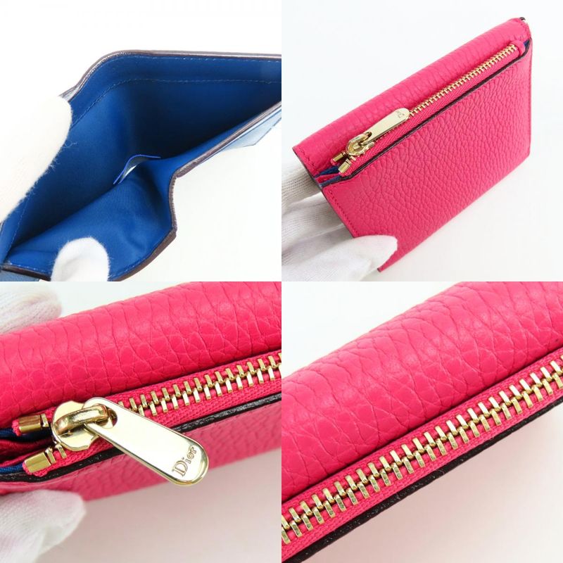 Dior Christian Trifold Wallet Compact Wallet Leather Pink Navy with Charm