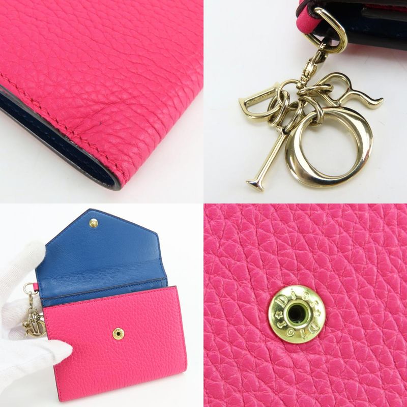 Dior Christian Trifold Wallet Compact Wallet Leather Pink Navy with Charm