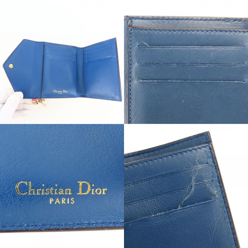 Dior Christian Trifold Wallet Compact Wallet Leather Pink Navy with Charm
