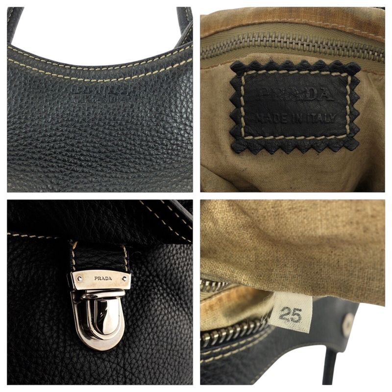 Prada Logo Black Silver Calf Shoulder Bag Tote