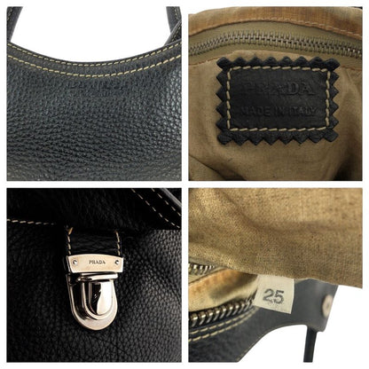 Prada Logo Black Silver Calf Shoulder Bag Tote