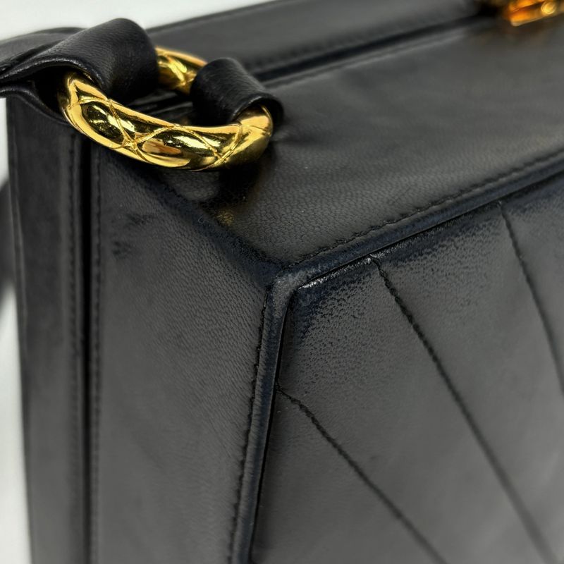 Chanel Stitch Shoulder Bag Chevron CC Logo Leather Black