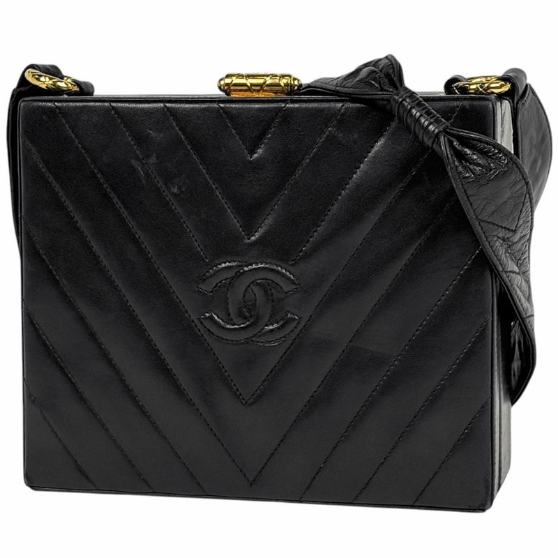 Chanel Stitch Shoulder Bag Chevron CC Logo Leather Black