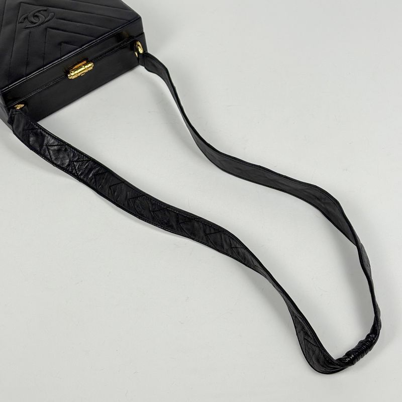 Chanel Stitch Shoulder Bag Chevron CC Logo Leather Black