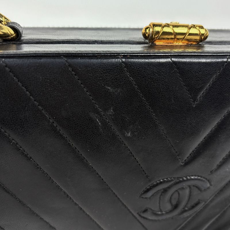 Chanel Stitch Shoulder Bag Chevron CC Logo Leather Black