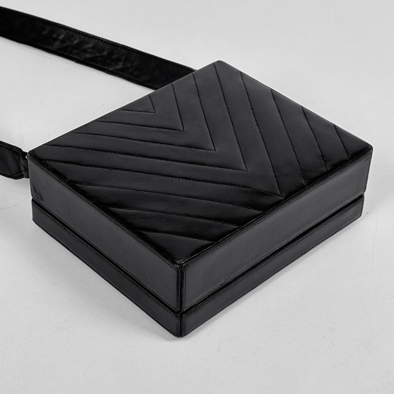 Chanel Stitch Shoulder Bag Chevron CC Logo Leather Black