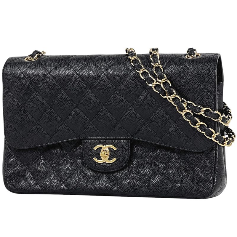 Chanel Big Quilted Double Flap Chain Shoulder Bag CC Logo Caviar