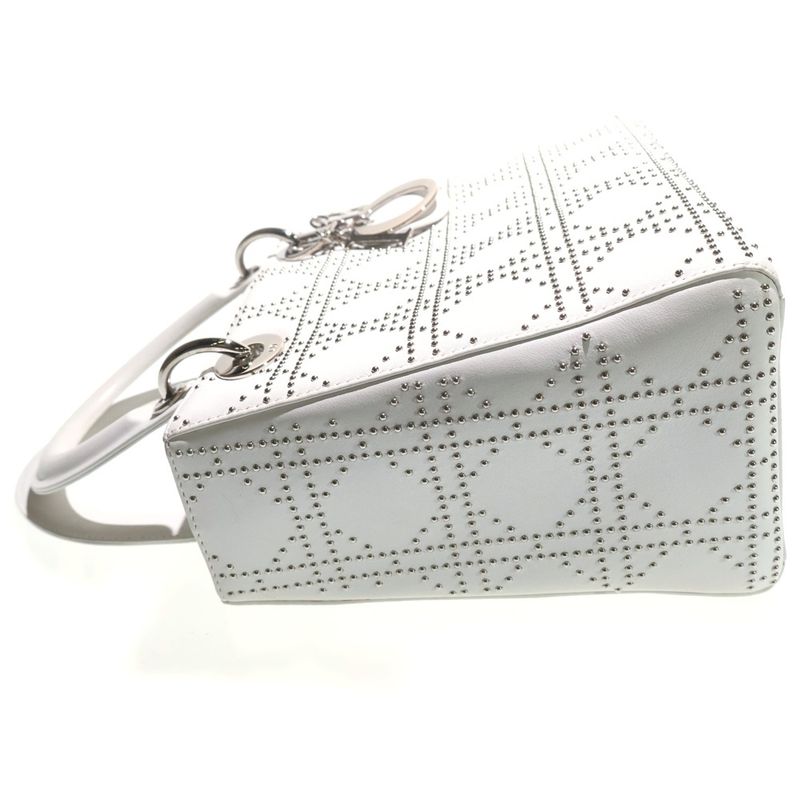 Dior Christian 2-Way Handbag Cannage Studs White Leather