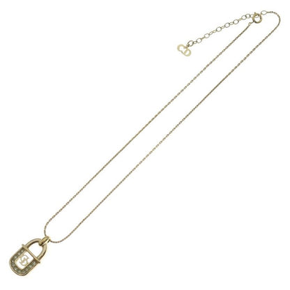 Dior Christian Padlock Necklace Pendant Chain Gold Rhinestone