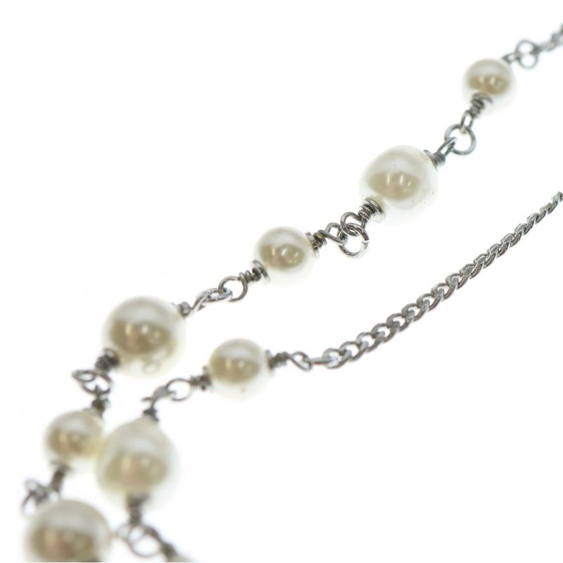 Chanel CC Logo Pearl Necklace Heart Pendant Chain Silver White