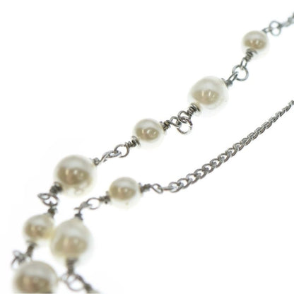 Chanel CC Logo Pearl Necklace Heart Pendant Chain Silver White