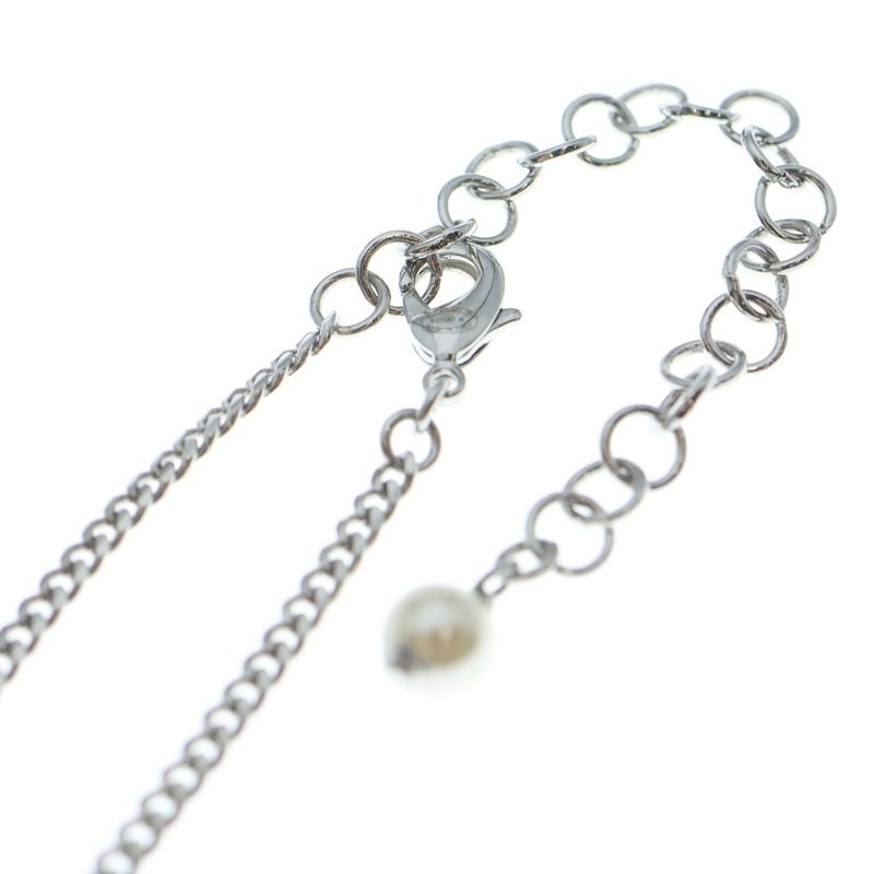 Chanel CC Logo Pearl Necklace Heart Pendant Chain Silver White