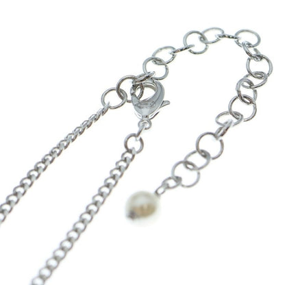 Chanel CC Logo Pearl Necklace Heart Pendant Chain Silver White