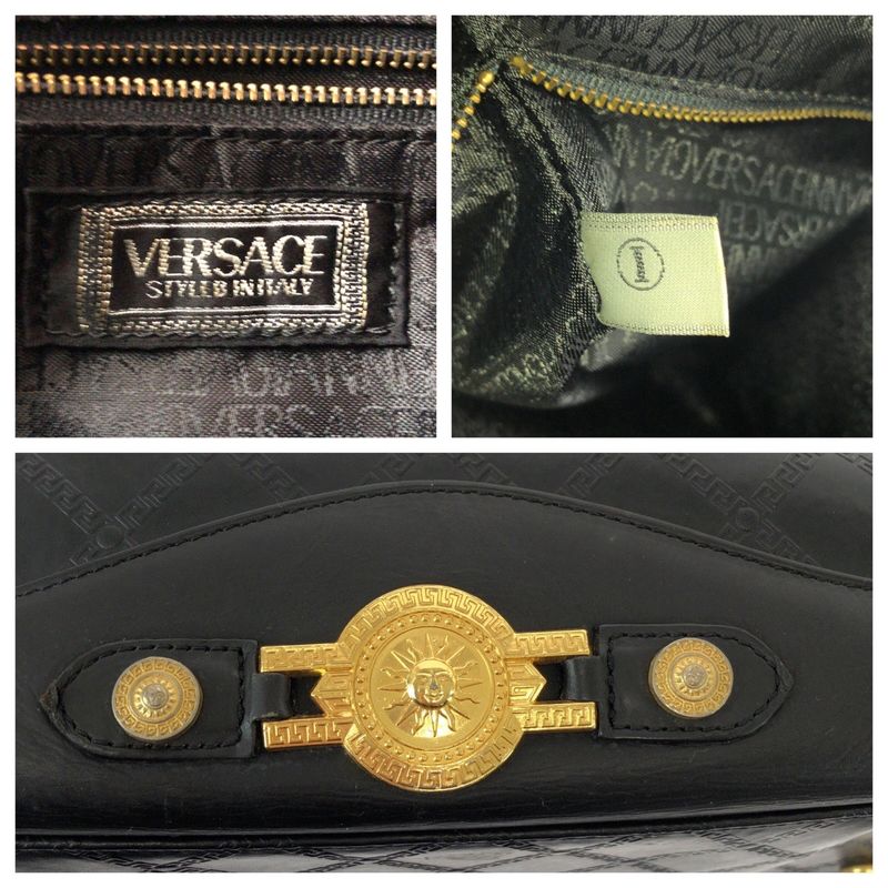 Versace Sunburst Black Gold Leather Boston Bag