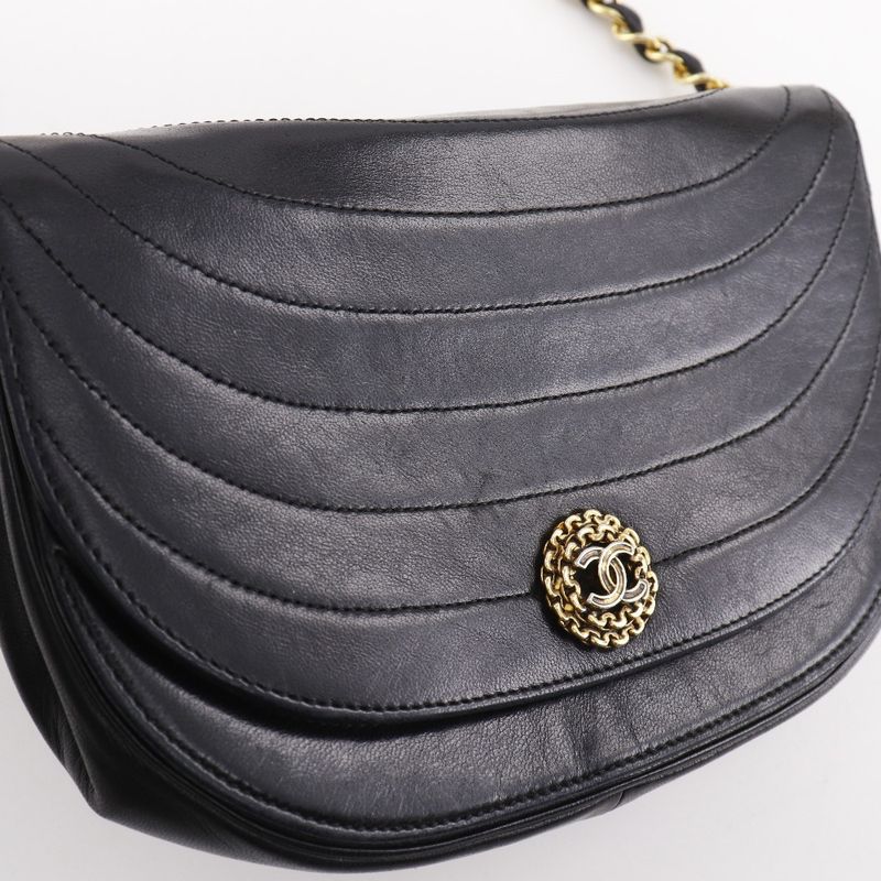 Chanel Half Moon Chain Shoulder Vintage Lambskin Black Bag