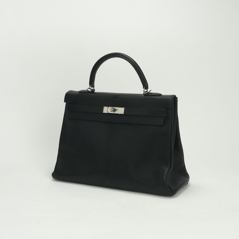 Hermes Kelly 35 Tote Shoulder Bag Chevre Coromandel Noir Black