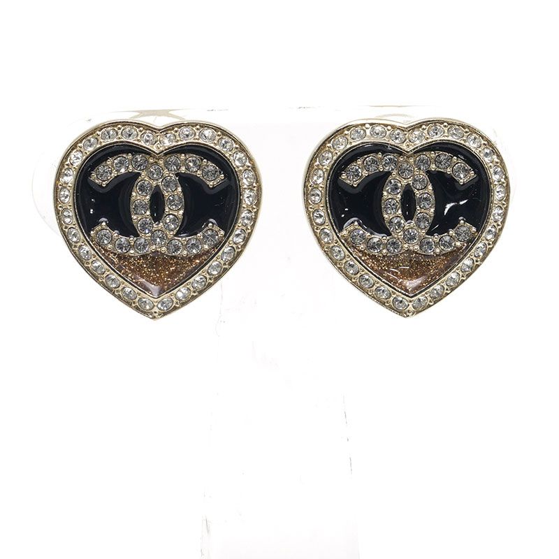 Chanel Heart Earrings CC Logo Rhinestone Gold Black