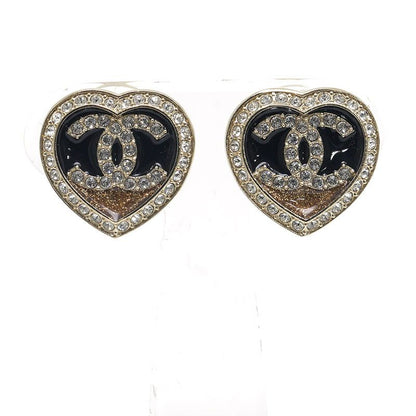 Chanel Heart Earrings CC Logo Rhinestone Gold Black