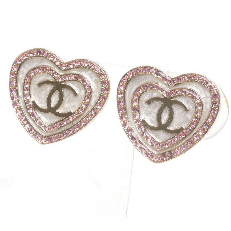Chanel Heart Earrings CC Logo Rhinestone Gold Pink