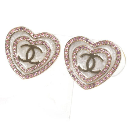Chanel Heart Earrings CC Logo Rhinestone Gold Pink
