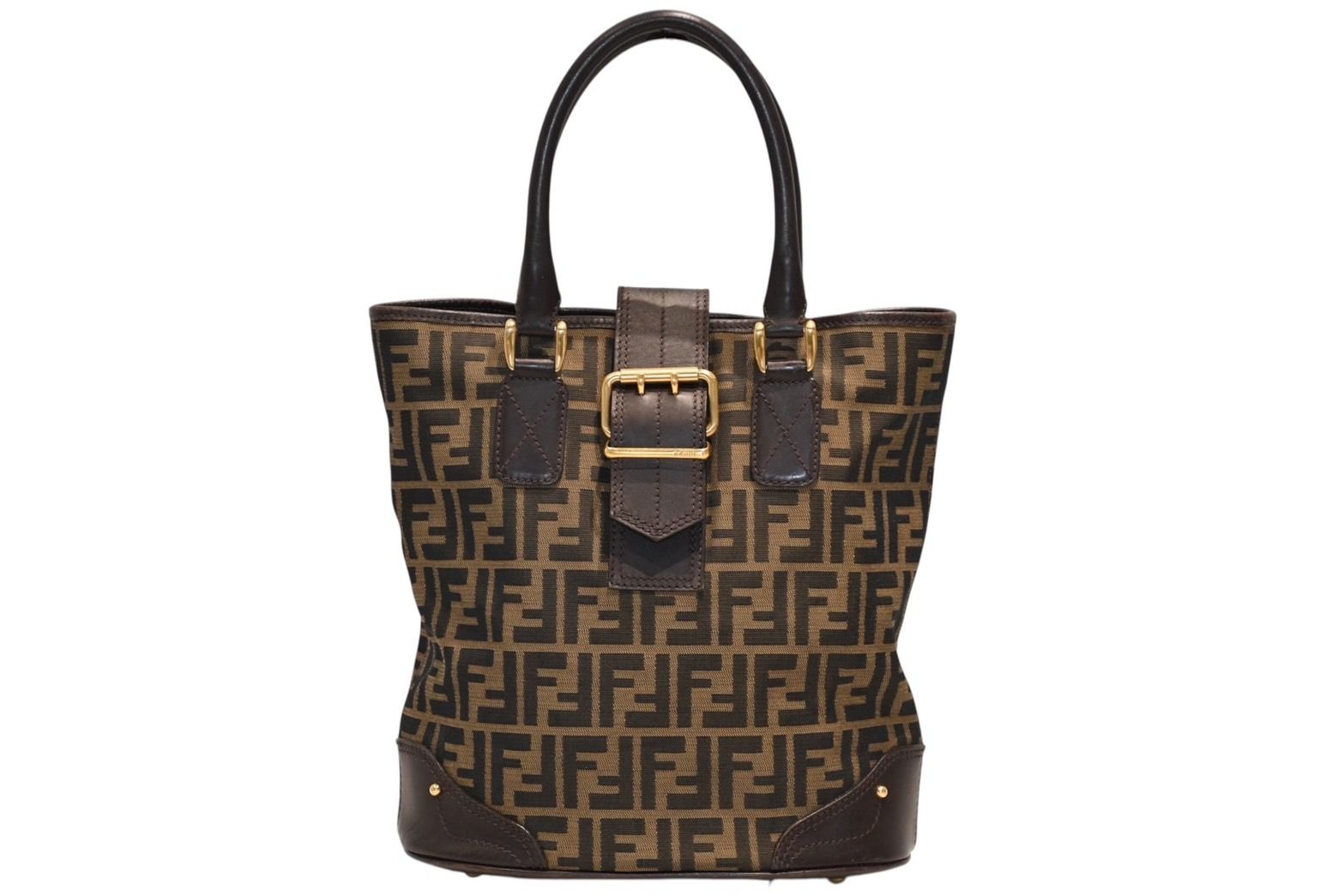 Fendi Handbag Zucca Pattern Canvas Leather Brown Gold