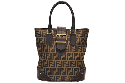 Fendi Handbag Zucca Pattern Canvas Leather Brown Gold