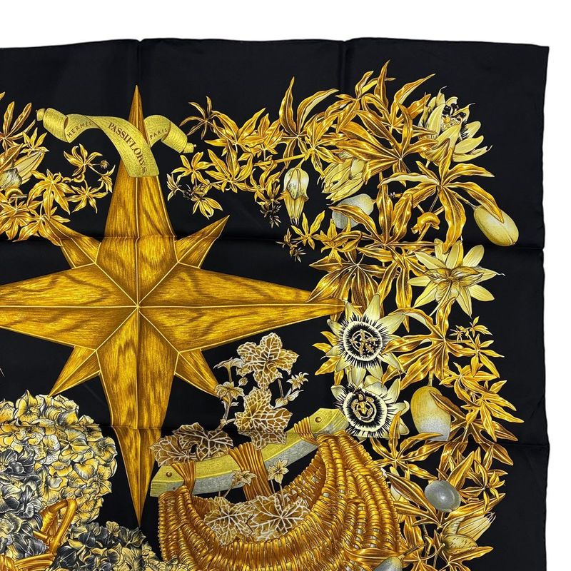 Hermes Carre 90 Passiflores Passion Flower Black 100% Silk Scarf