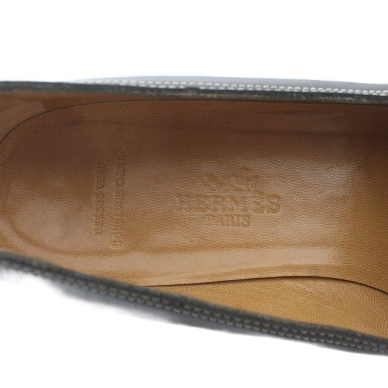 Hermes Loafers Moccasins Leather Square Toe Logo 36 Black XZ
