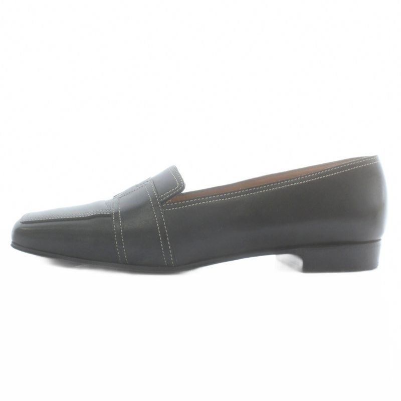 Hermes Loafers Moccasins Leather Square Toe Logo 36 Black XZ