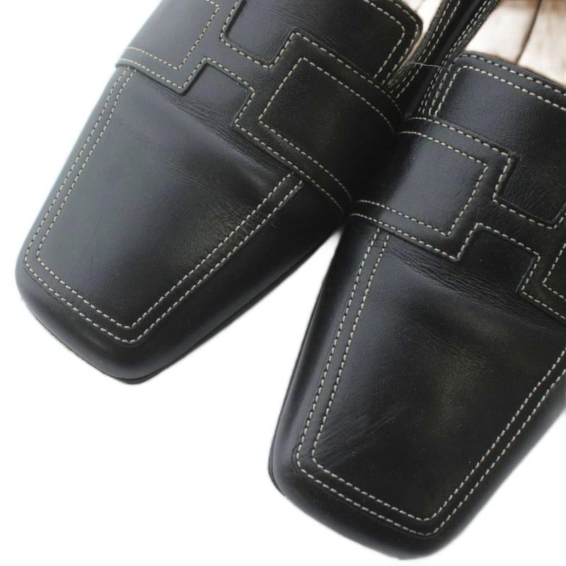 Hermes Loafers Moccasins Leather Square Toe Logo 36 Black XZ