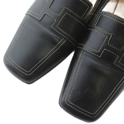 Hermes Loafers Moccasins Leather Square Toe Logo 36 Black XZ