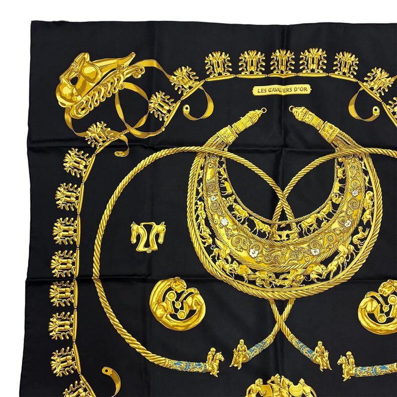 Hermes Carre 90 les Cavaliers D'Or Golden Knight Scarf Silk Gold Black