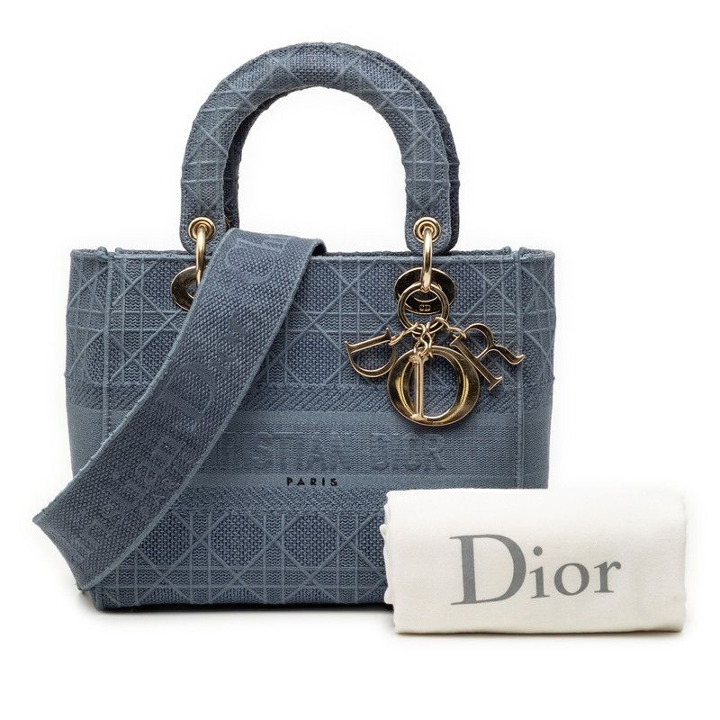 Dior Cannage Lady D-lite 2-Way Shoulder Bag Blue Canvas