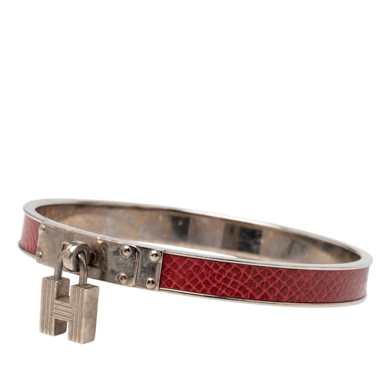 Hermes Kelly Bangle Cadena Motif Silver Red Metal Leather