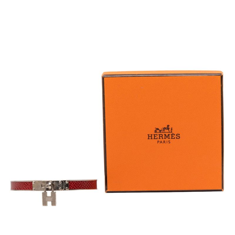 Hermes Kelly Bangle Cadena Motif Silver Red Metal Leather
