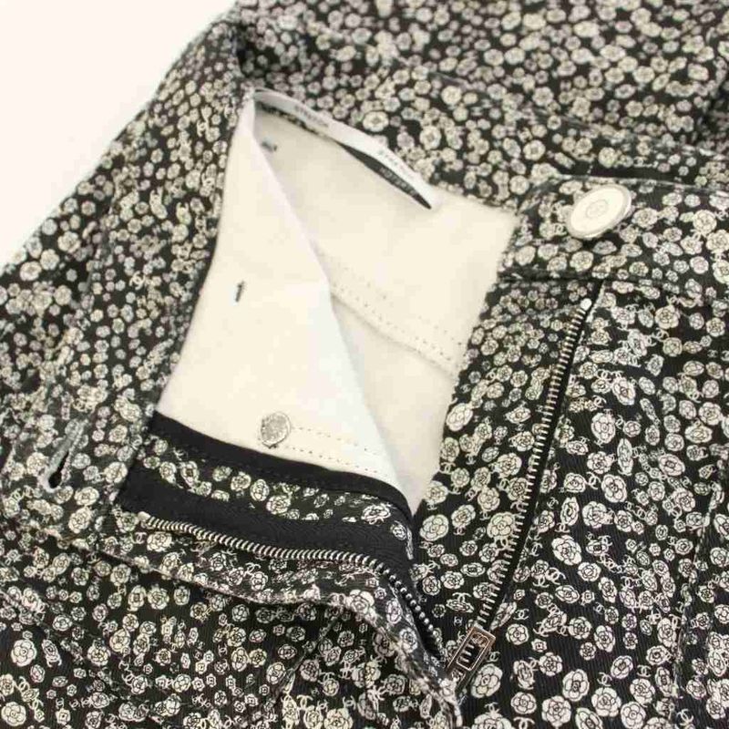Chanel Camellia Cotton Pants Skinny Pants 36 Black KH
