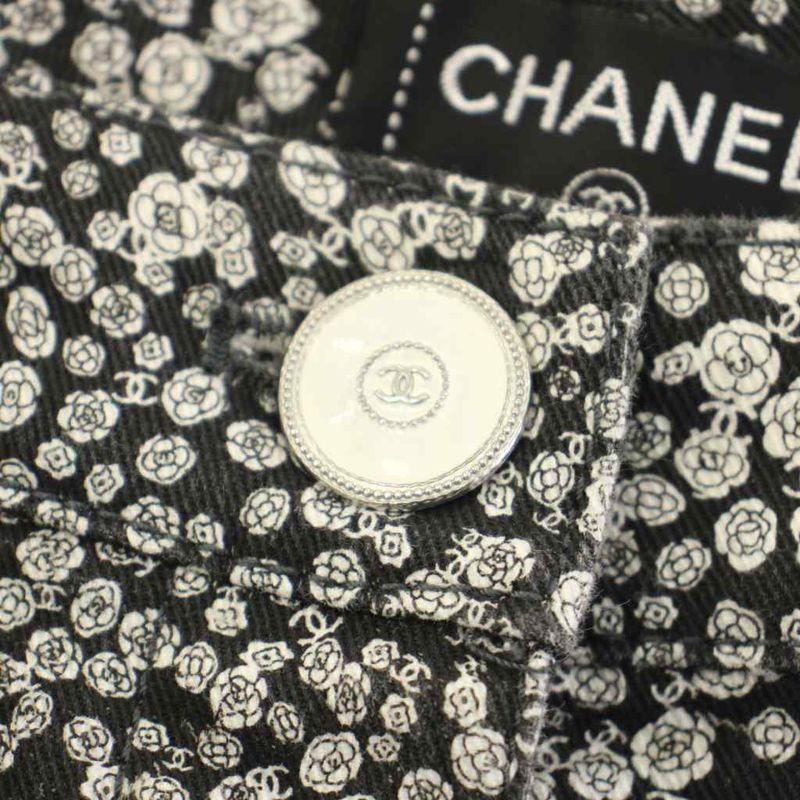 Chanel Camellia Cotton Pants Skinny Pants 36 Black KH