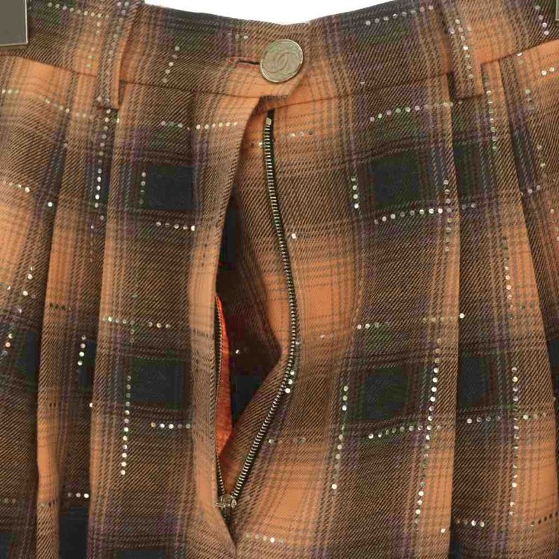 Chanel Check Sequin Tuck Pants Wide Zipper Fly Cotton 38 Salmon Pink Black NR