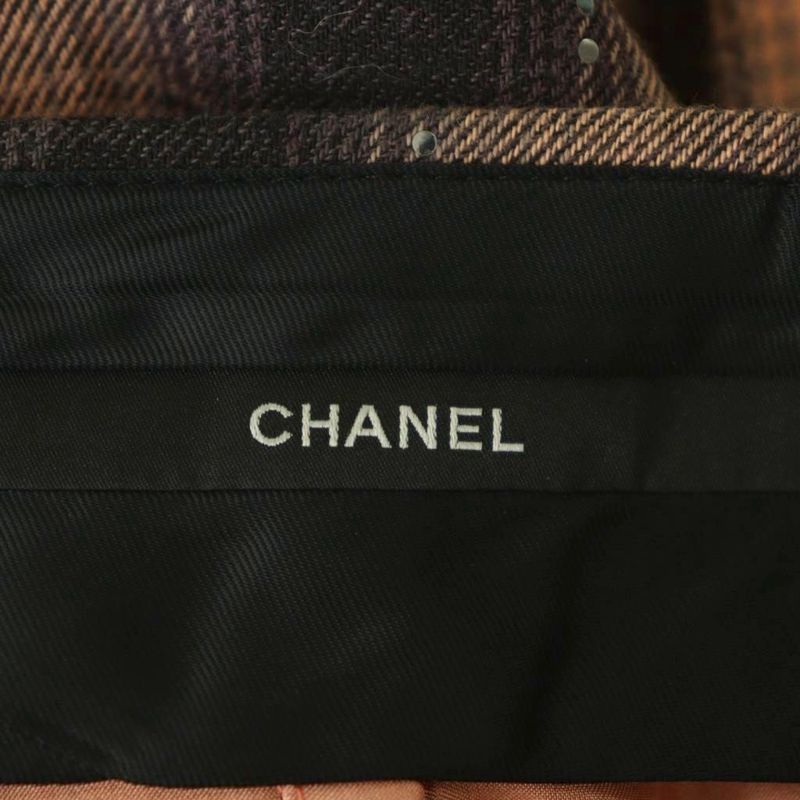 Chanel Check Sequin Tuck Pants Wide Zipper Fly Cotton 38 Salmon Pink Black NR