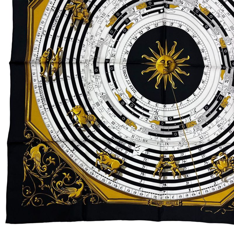 Hermes Carre 90 Dies ET Hore Astrology Silk Scarf Black Gold