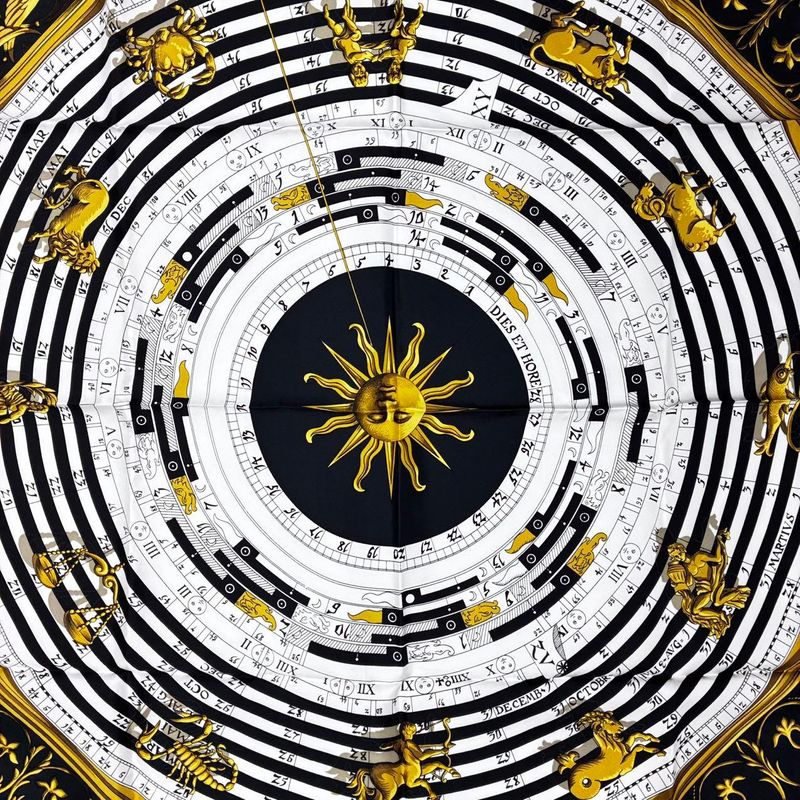 Hermes Carre 90 Dies ET Hore Astrology Silk Scarf Black Gold