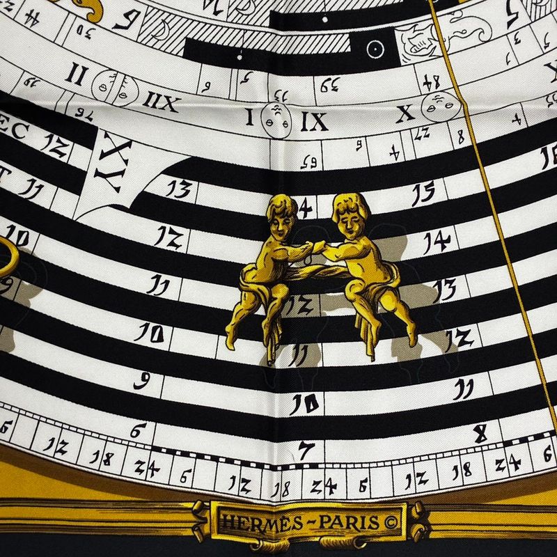 Hermes Carre 90 Dies ET Hore Astrology Silk Scarf Black Gold