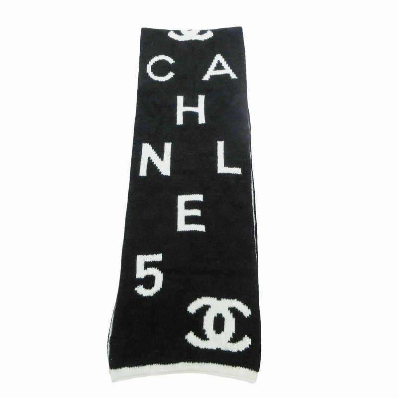 Chanel CC Logo Muffler Cashmere Wool Black Ivory 30 Scarf