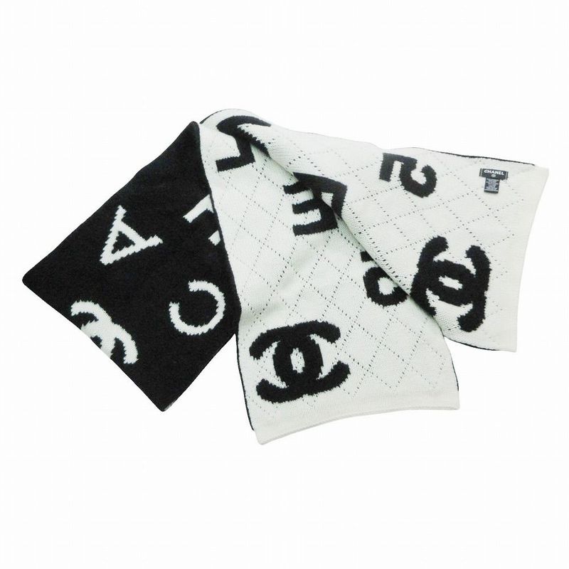 Chanel CC Logo Muffler Cashmere Wool Black Ivory 30 Scarf