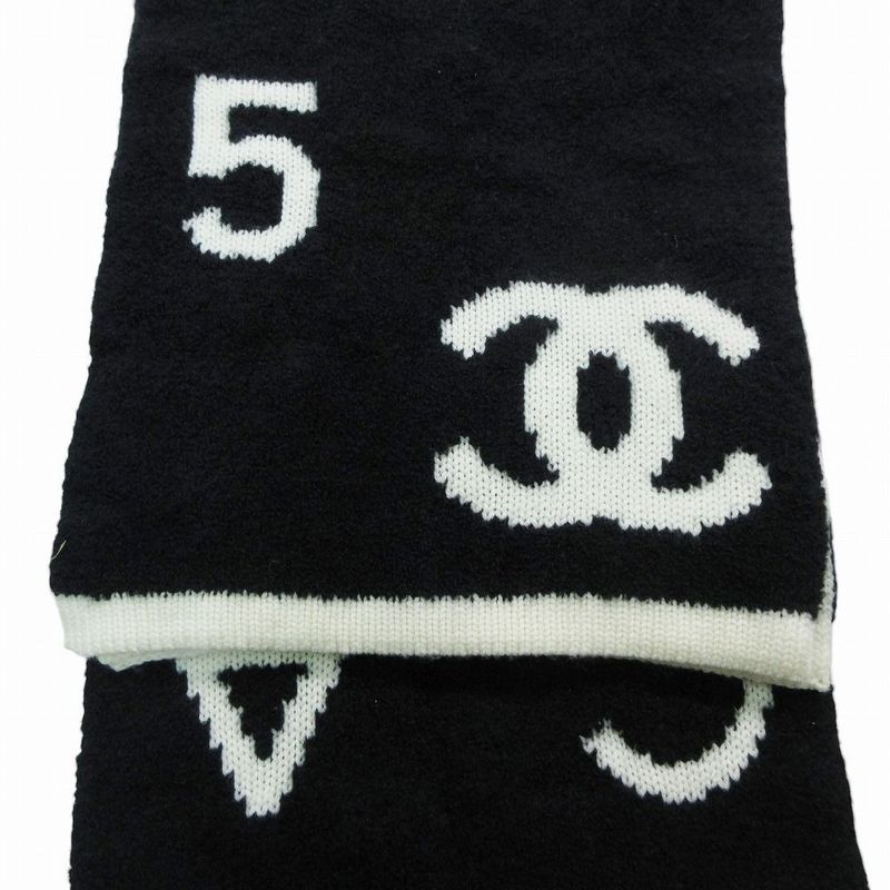 Chanel CC Logo Muffler Cashmere Wool Black Ivory 30 Scarf