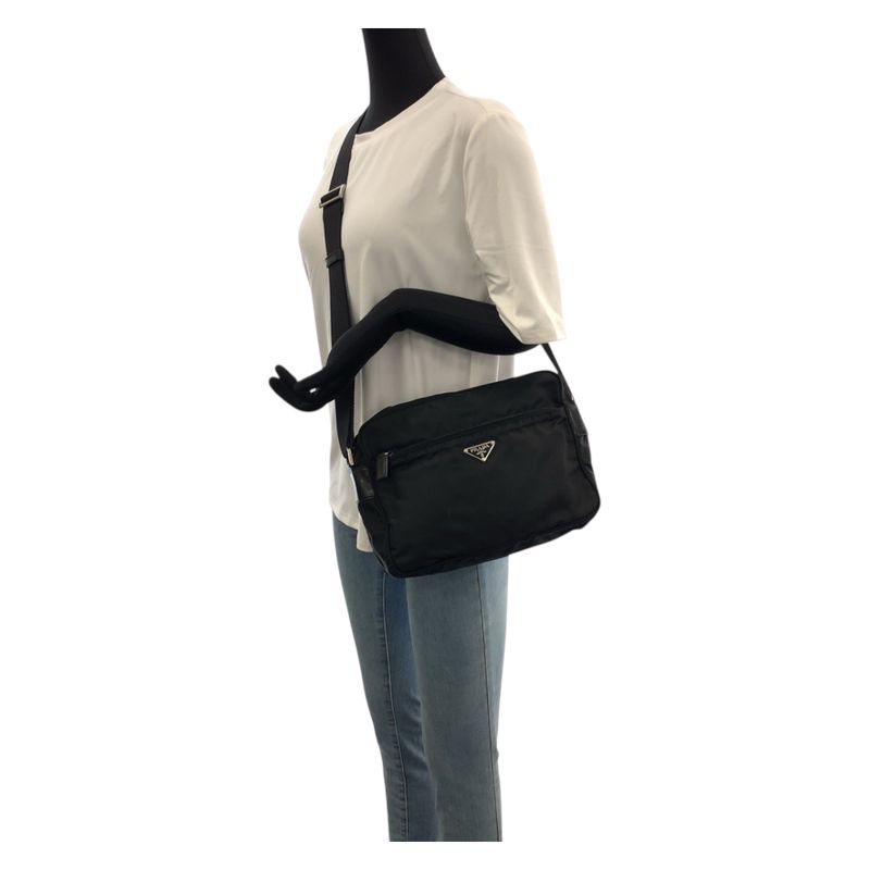 Prada Tessuto Black Silver Nylon Shoulder Back