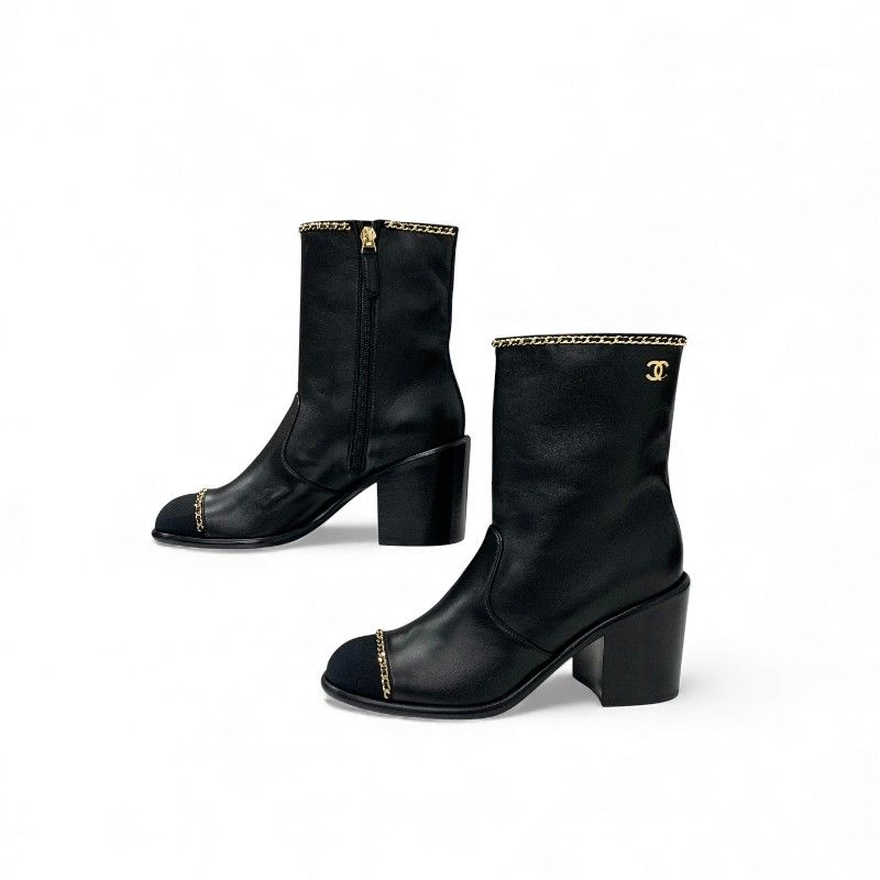 Chanel Boots Shorts Shoes Leather Fabric Black Gold CC Logo Chain