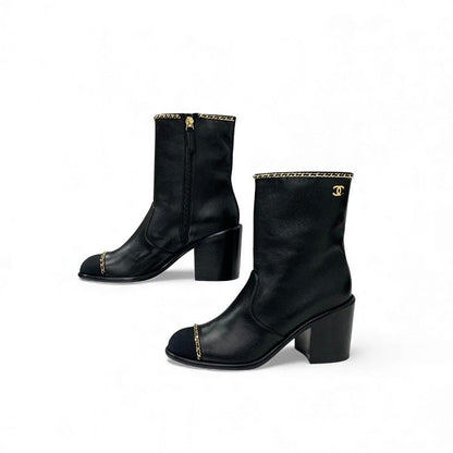 Chanel Boots Shorts Shoes Leather Fabric Black Gold CC Logo Chain