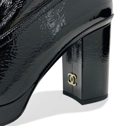 Chanel Boots Long Boots Shoes Patent Leather Black Gold CC Logo Wrinkle